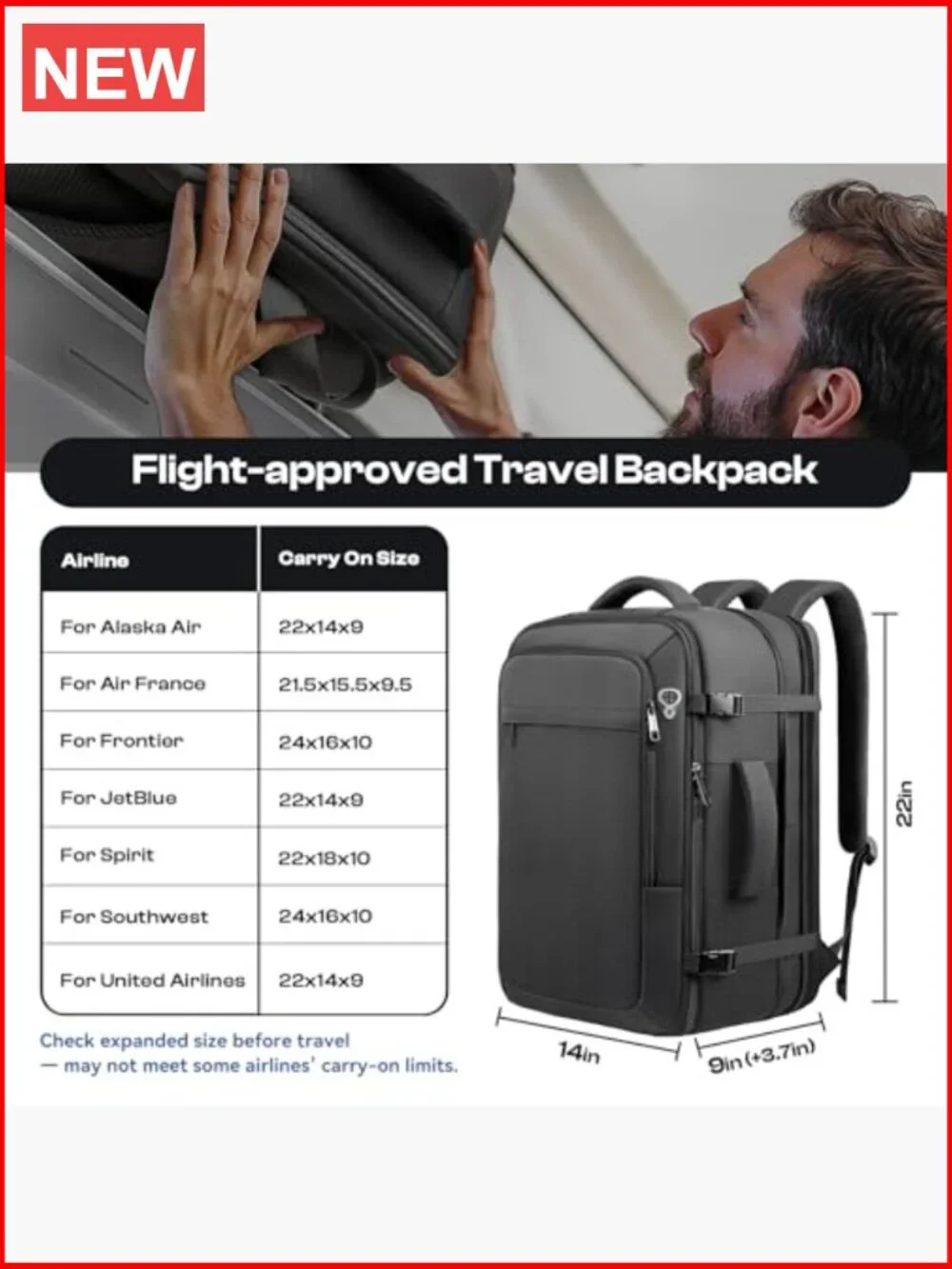 Extra Large 55L Travel Backpack TSA Approved Expandable Laptop Bagpack 18.4 inch